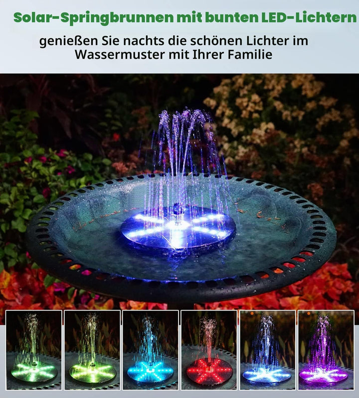 SZMP Solar Springbrunnen für aussen, 2026 Neu 4W 4000mAh Akku - 30 Bunten Lichter - Solarbrunnen Tei