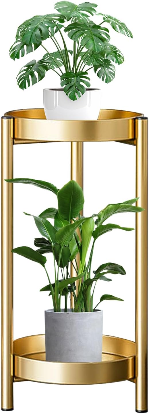 Pflanzenständer Metall 2-Stöckig Blumenständer Gold, Pflanzentisch 60cm | Runder Blumentopfregal für