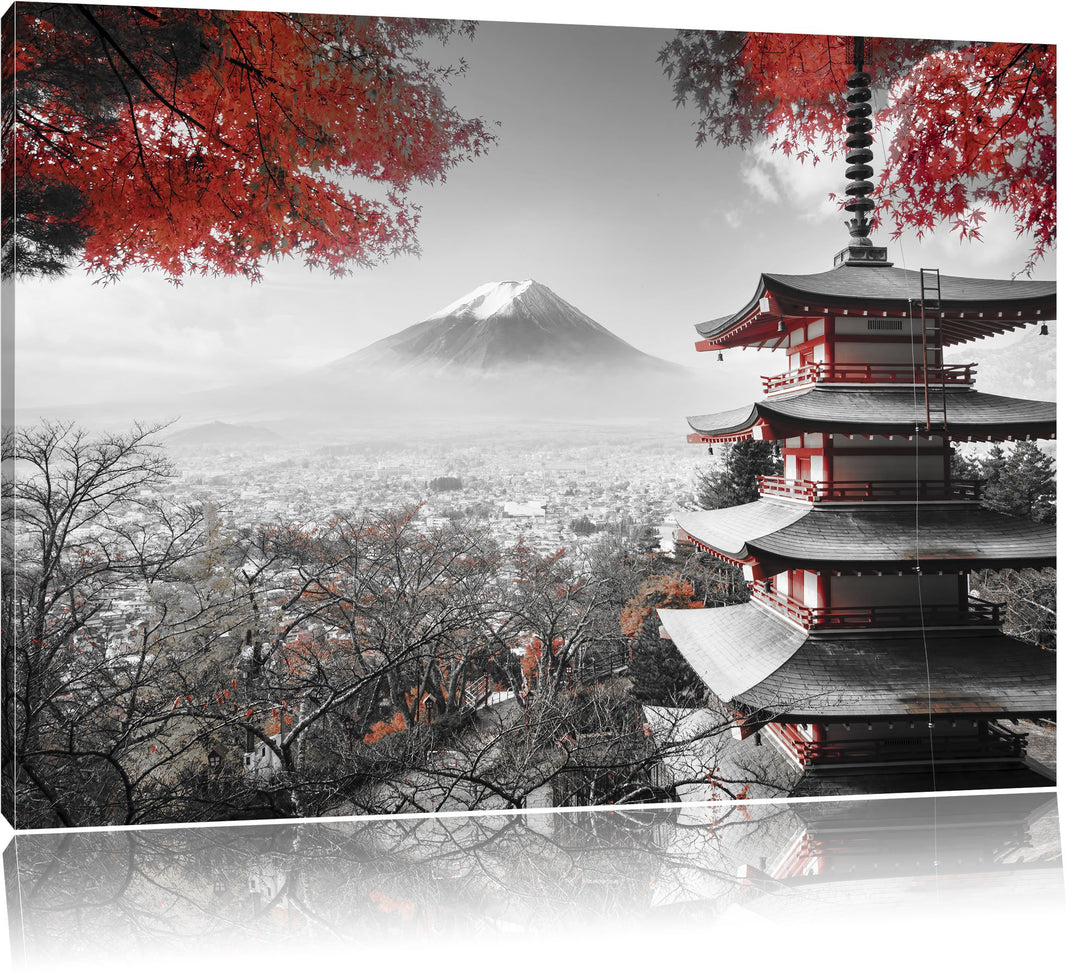 Pixxprint Japanischer Tempel im Herbst Schwarz/Weiss, Format: 100x70 auf Leinwand, 100x70
