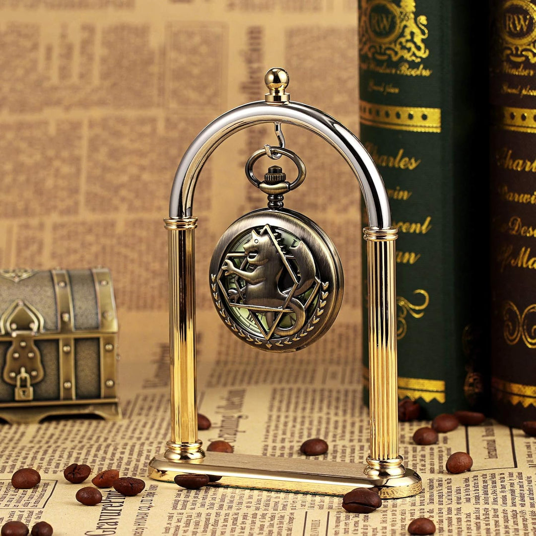 TREEWETO Unisex Taschenuhr Mechanisch Doppelter Abdeckung Fullmetal Alchemist Leuchtend Skelett Stea