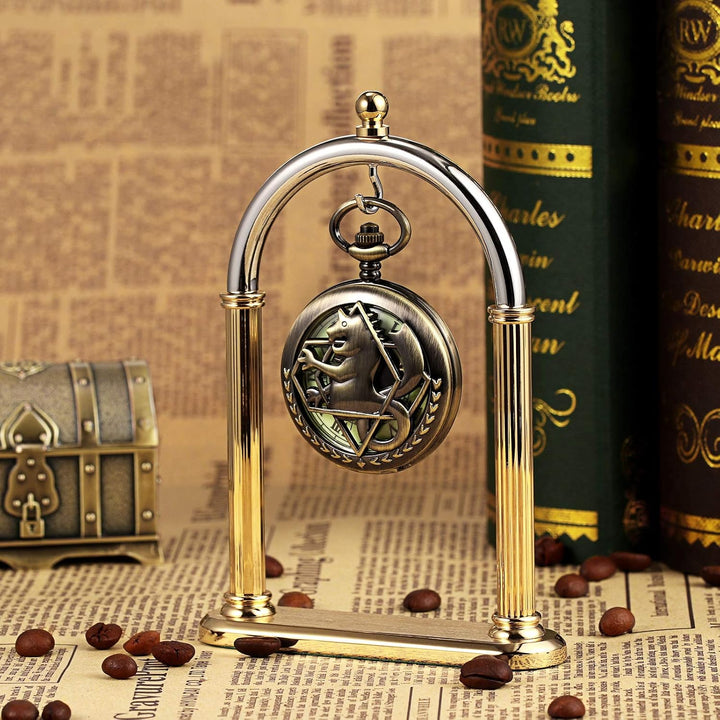 TREEWETO Unisex Taschenuhr Mechanisch Doppelter Abdeckung Fullmetal Alchemist Leuchtend Skelett Stea
