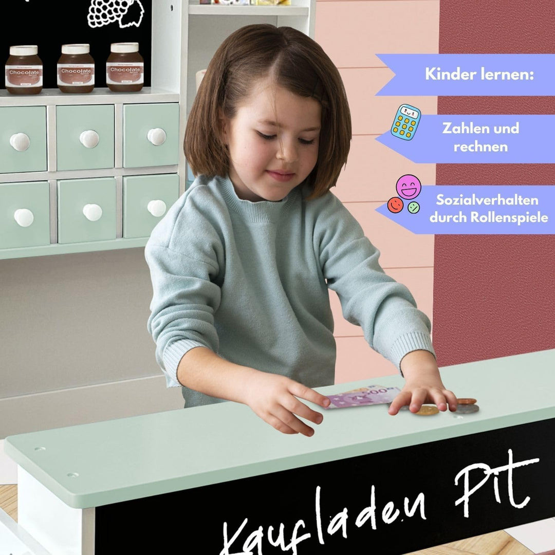 Kaufladen Pit aus Holz mit Preisschildern, wahlweise mit Spielkasse Linus, Kaufladen-Zubehör:ohne Ka
