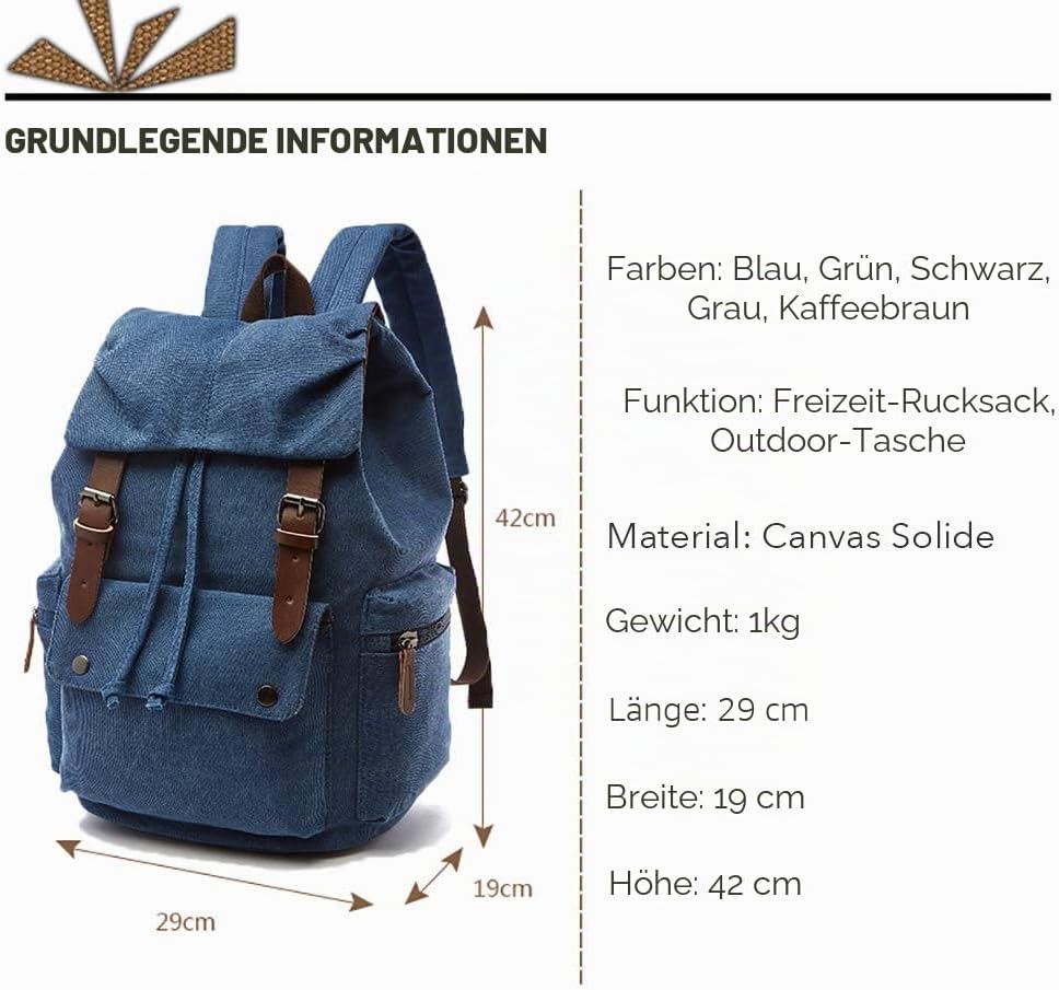 Rufun Leinwand Rucksack Jahrgang für Laptop Tagesrucksack Wandern Reisen Grosse Kapazität Tasche Uni