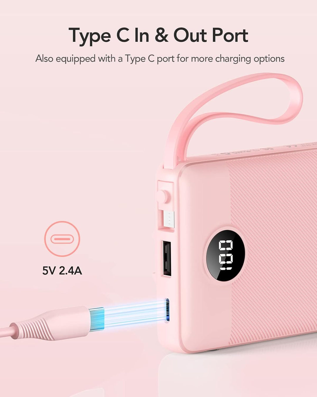 VRURC Powerbank 10000mAh mit Kabel, Power Bank Tragbares Ladegerät USB C Externer Handyakkus LED Dis