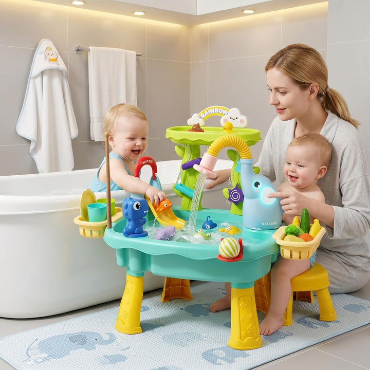 Wasserspieltisch, 2-lagige 6-in-1-Wassertabletts für Kinder mit Umlauf-, Rutschen- und Angelfunktion