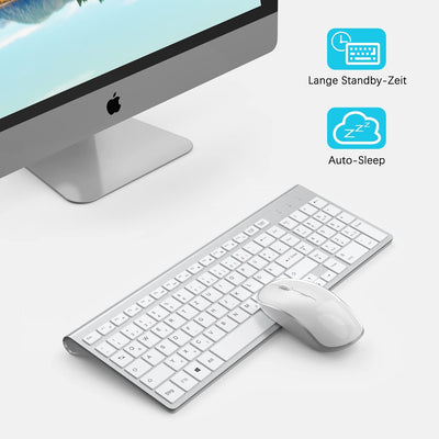 J JOYACCESS Tastatur Maus Set Kabellos, 2.4G Ultra Dünne Funktastatur mit Maus, Ergonomischer und Le