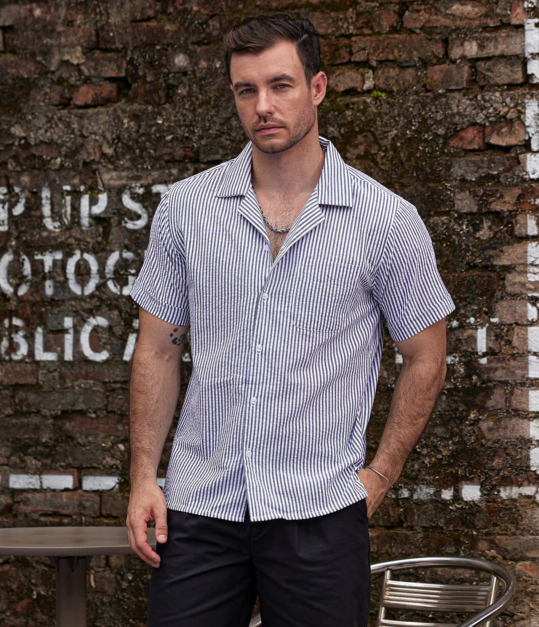VATPAVE Herren Gestreifte Sommerhemd Casual Button Down Kurzarm Strand HawaiiHemd S Marineblau, S Ma