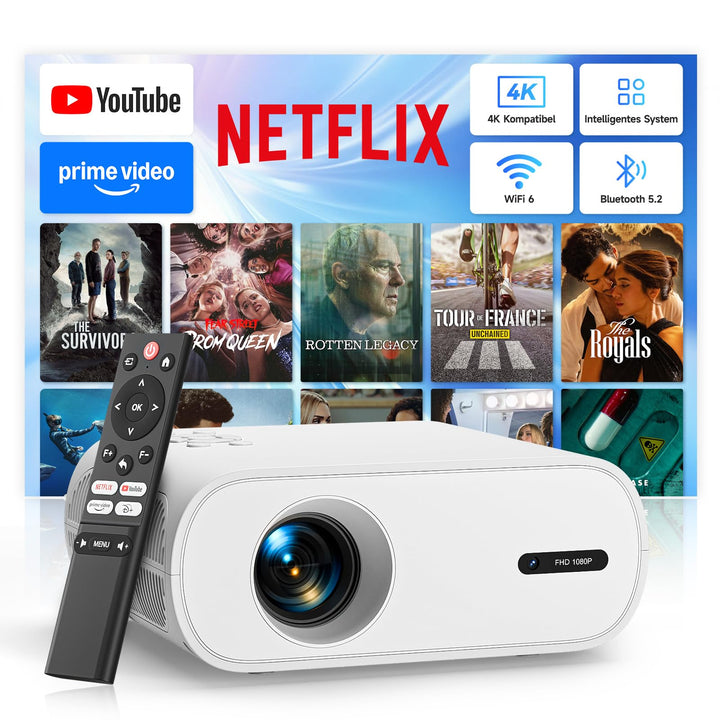 Smart Beamer 4K [Kompatibel mit Netflix & Offizielle Apps] 20000LM 1080P Beamer mit Elektrischer Fok