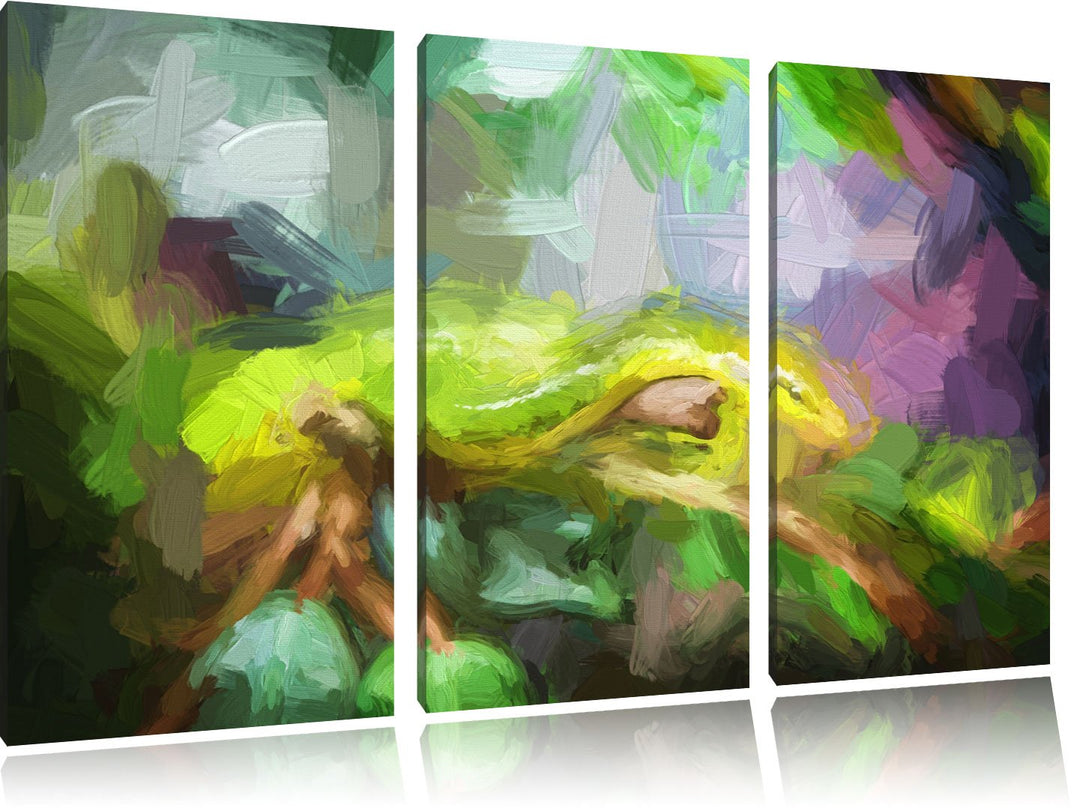 Pixxprint Raue grüne Schlange Kunst als Leinwandbild/Grösse: 3 Teilig (120x80) cm/Wandbild/Kunstdruc