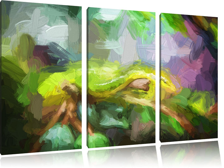 Pixxprint Raue grüne Schlange Kunst als Leinwandbild/Grösse: 3 Teilig (120x80) cm/Wandbild/Kunstdruc
