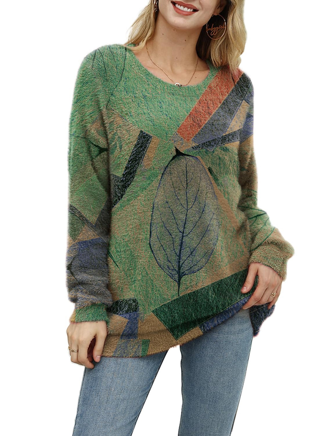 Janein Damen Pullover Oversize Lang Strickpullover Herbst Winter Rundhals Sweater mit Blumenmuster W
