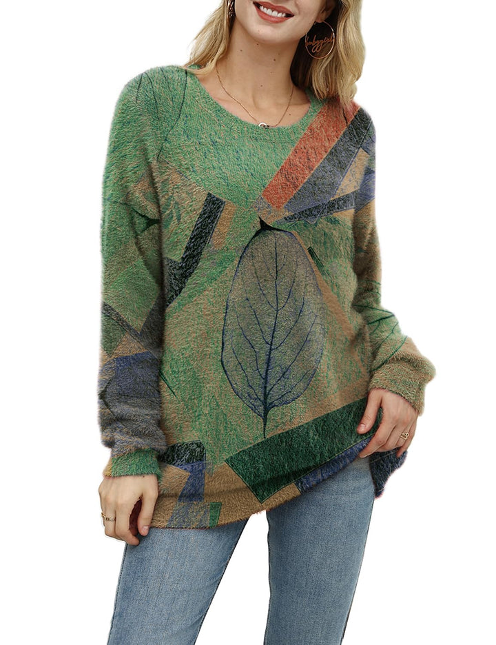 Janein Damen Pullover Oversize Lang Strickpullover Herbst Winter Rundhals Sweater mit Blumenmuster W