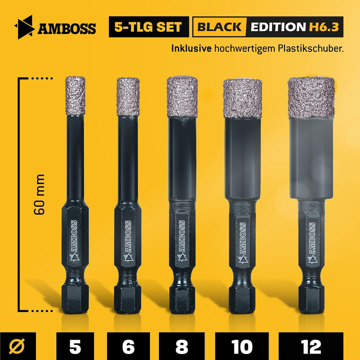 Fliesenbohrer Set Ø 5, 6, 8, 10, 12 mm (5 tlg.) /Sechskant Aufnahme - Amboss Black Edition Diamantbo