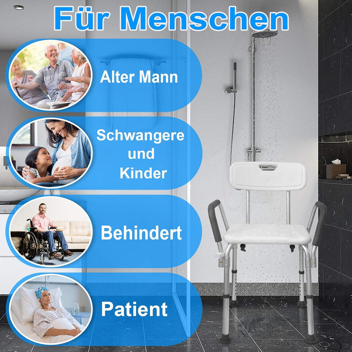 AUFUN Duschhocker Duschstuhl Höhenverstellbar Duschhocker mit Armlehne und Rückenlehne Anti-Rutsch B
