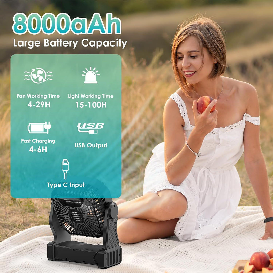Qoosea Tragbare Camping Ventilator Wiederaufladbare Batterie Zelt Fans im Freien mit LED Licht 8000m