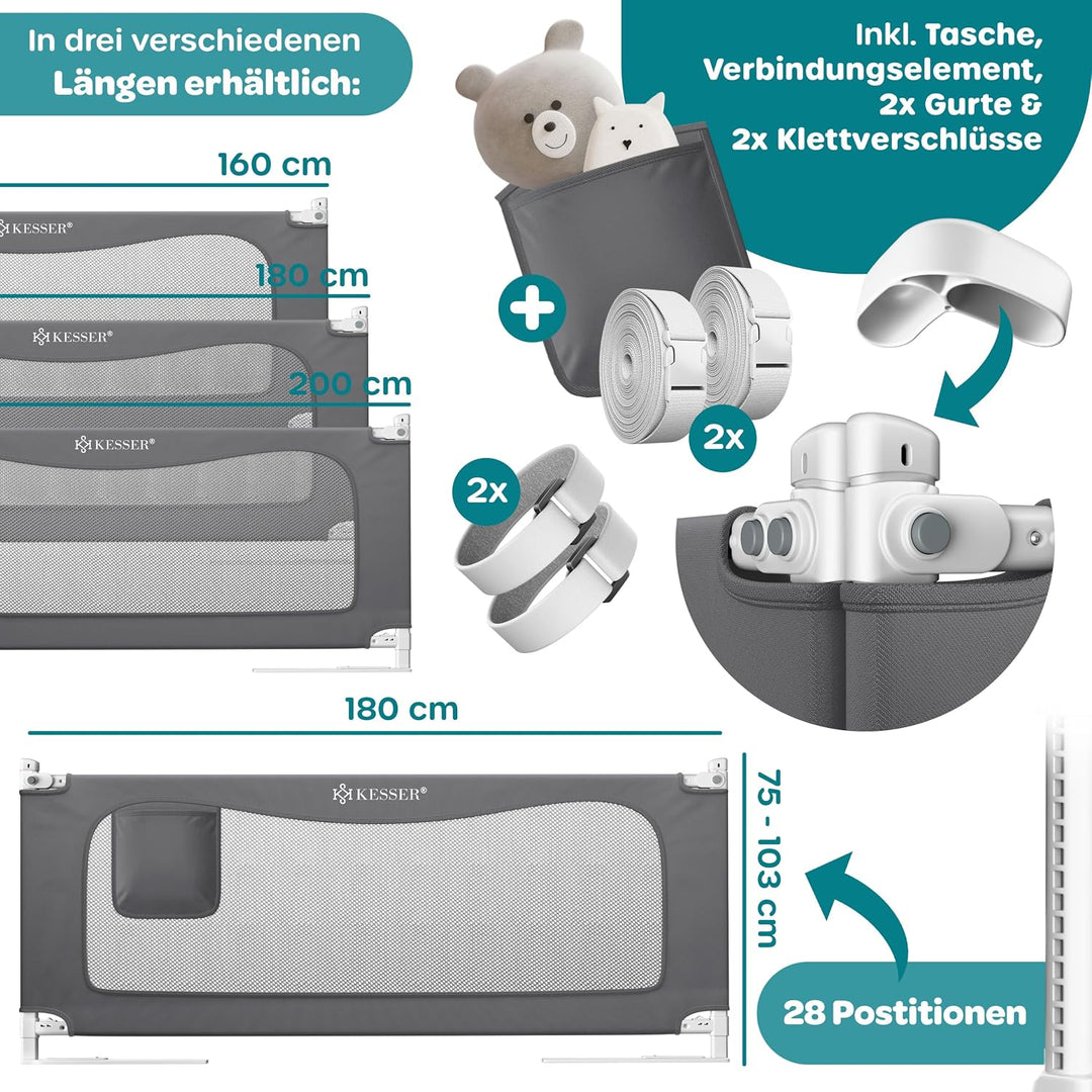 KESSER® Bettschutzgitter 180 cm, Bettgitter Kinderbett höhenverstellbar | Rausfallschutz Bett für Ba
