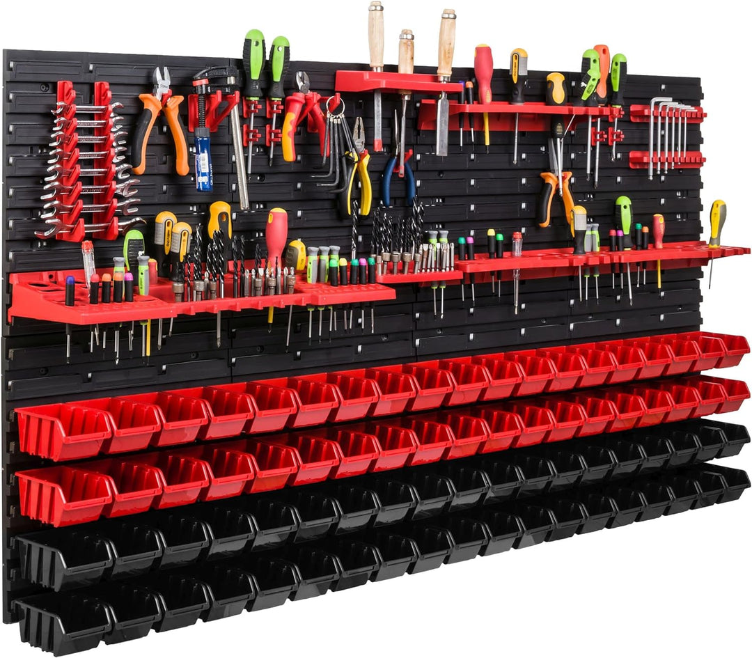 Lagersystem Werkstattregal | 156 x 78 cm | 76 stck. Box | Wandregal mit Werkzeughalterungen und Stap