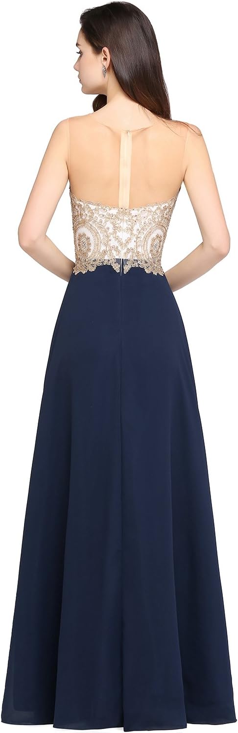 Misshow Abendkleid Chic Lang mit floralen Applikationen aus Chiffon Gr. 30 Marineblau, 30 Marineblau