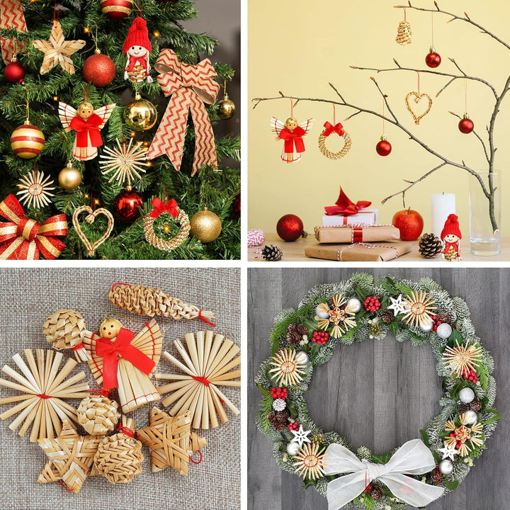 Strohsterne Weihnachtsbaum, 52 Stück Weihnachtlicher Baumschmuck Stroh Anhänger Strohstern, Christba