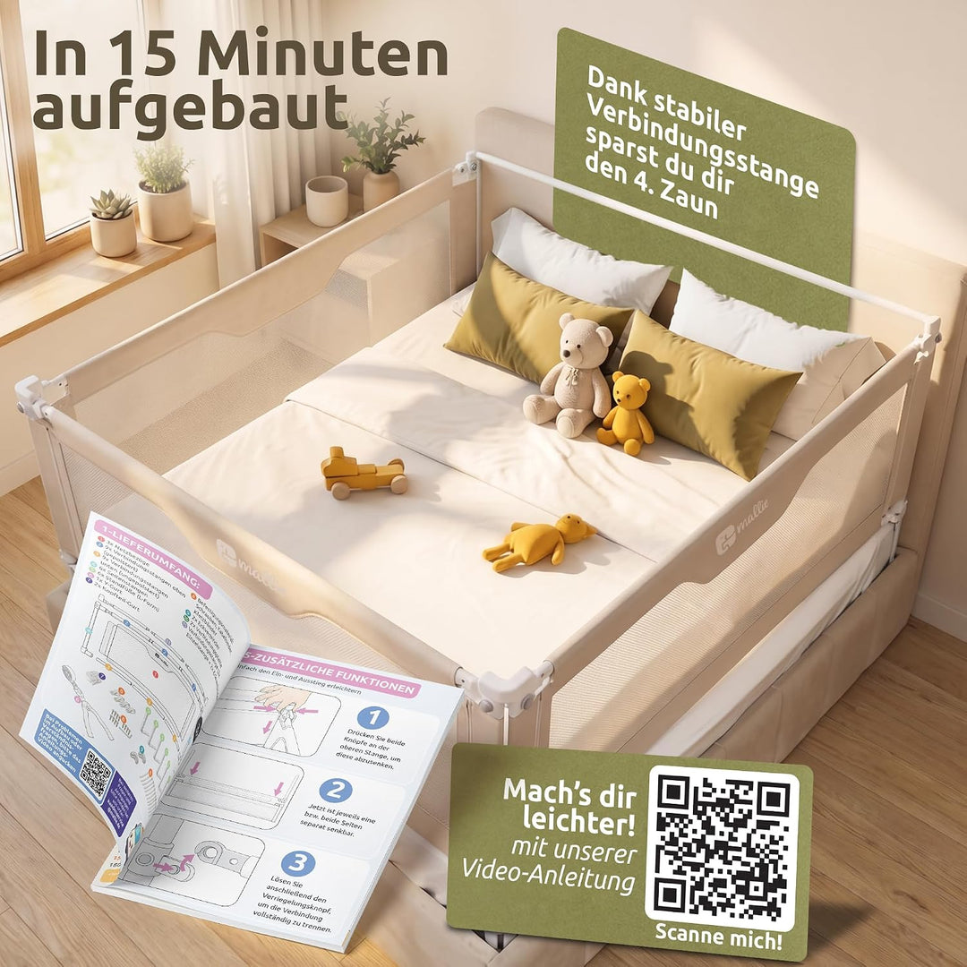 Mallie® Rausfallschutz Boxspringbett 200x200cm Elternbett Beige | 3-seitiges Set mit MALLIEFIX 2.0 C
