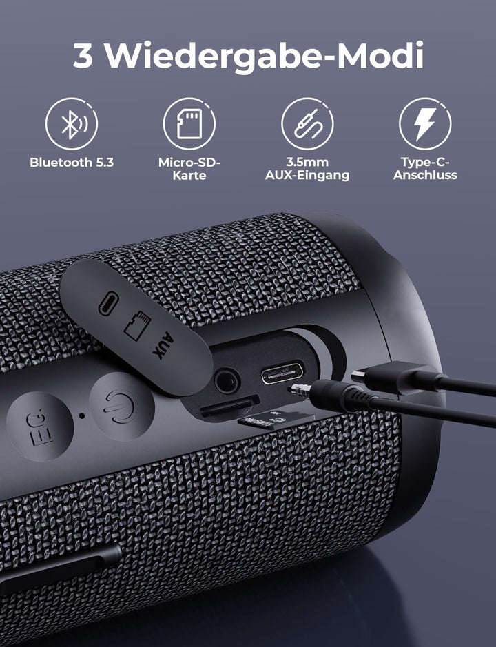 RIENOK Bluetooth Lautsprecher, Musikbox mit EQ 5.3 Bluetooth Box, IPX7 Lautsprecher RGB Licht Bass m