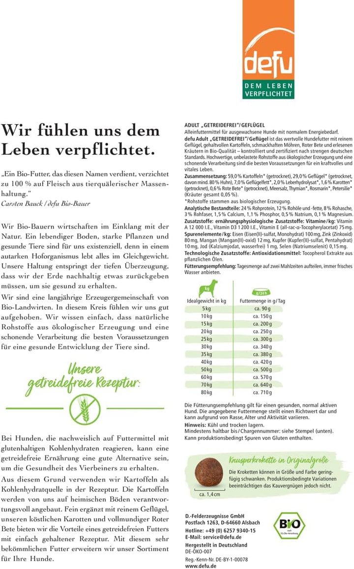 defu Hund | Adult getreidefrei Bio Geflügel | Premium Bio Trockenfutter | Hundefutter für ausgewachs