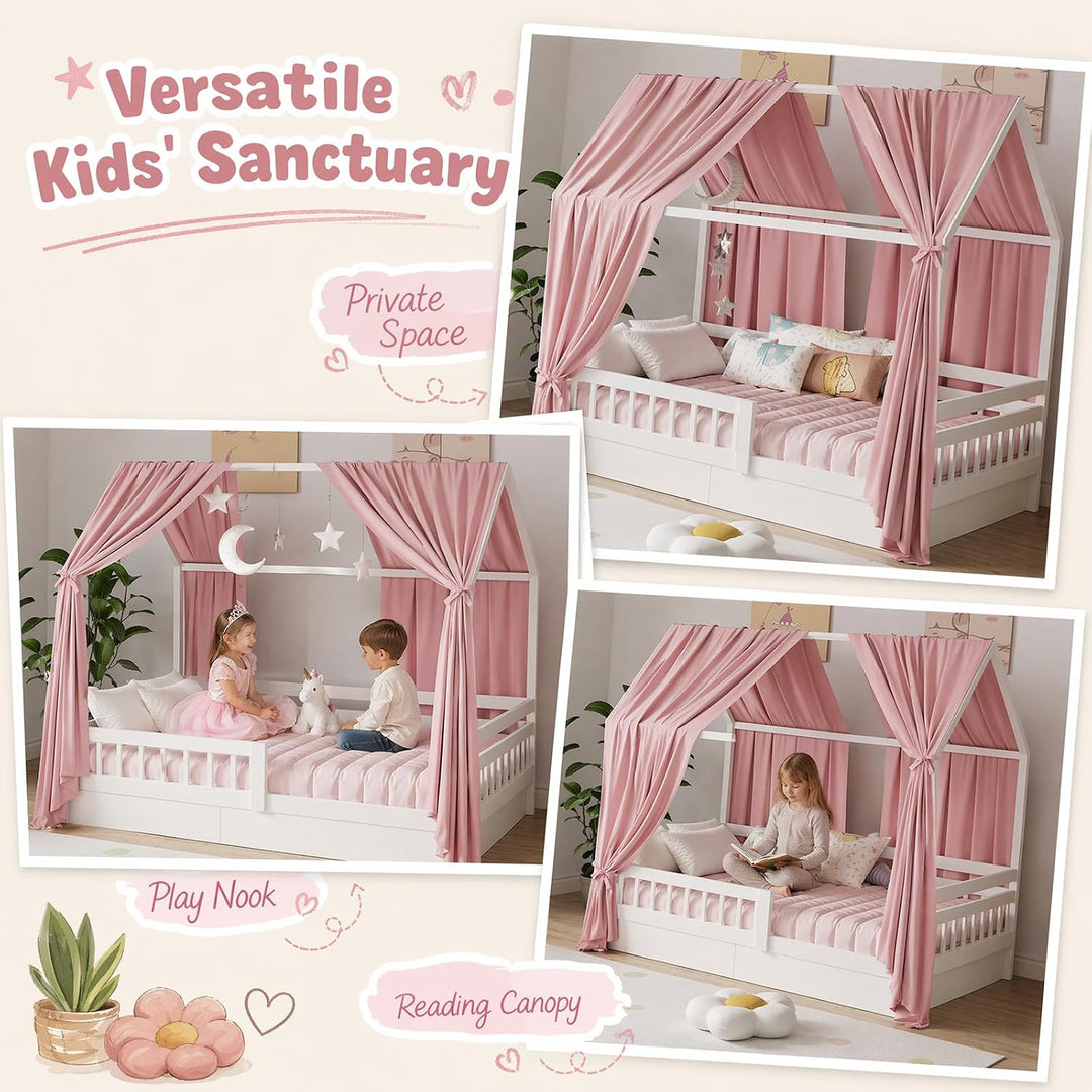 2 Stück Hausbett Himmel Set, Musselin Betthimmel für Kinderbett, weicher &amp; atmungsaktiver Baldachin