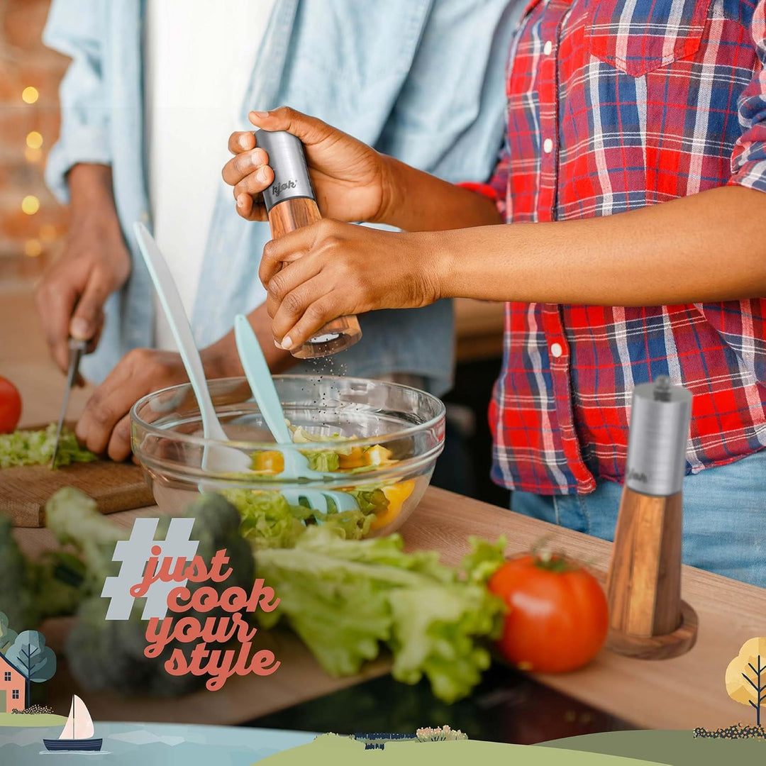 kjøk Premium Salz und Pfeffer Mühle Edelstahl und massives Akazienholz mit Untersetzer, Reinigungsbü