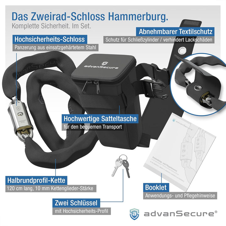 advanSecure® Hochsicherheits-Kettenschloss mit Satteltasche | optimal für E-Bike | max. Sicherheitss
