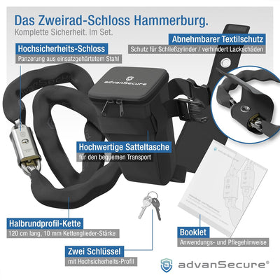 advanSecure® Hochsicherheits-Kettenschloss mit Satteltasche | optimal für E-Bike | max. Sicherheitss