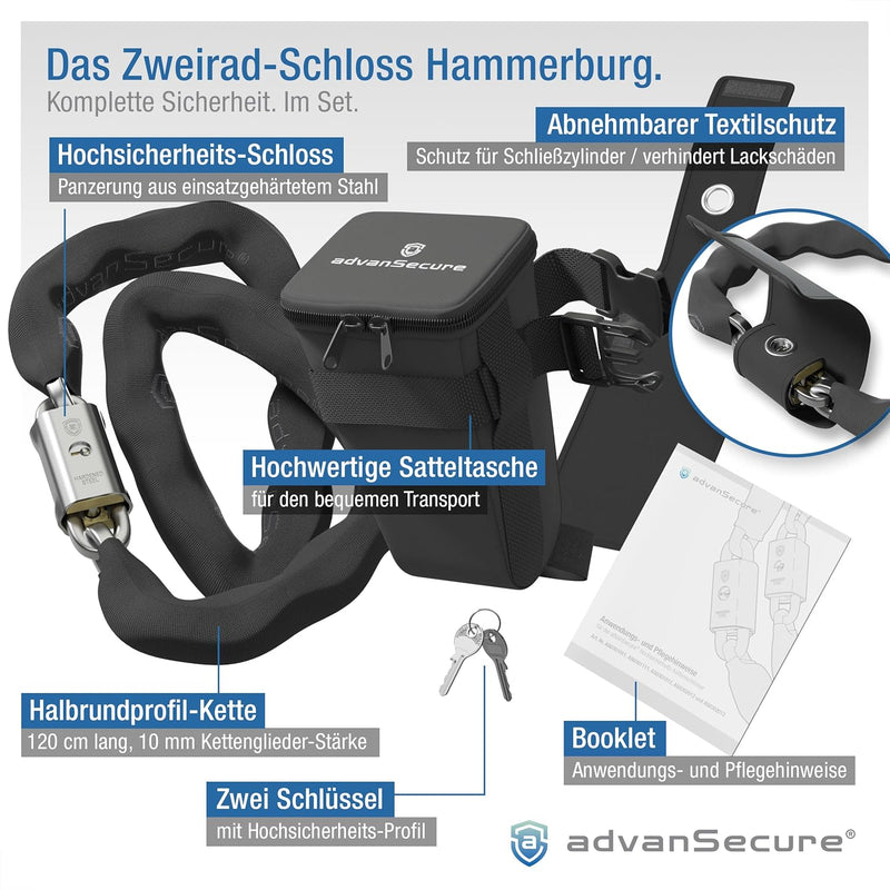 advanSecure® Hochsicherheits-Kettenschloss mit Satteltasche | optimal für E-Bike | max. Sicherheitss