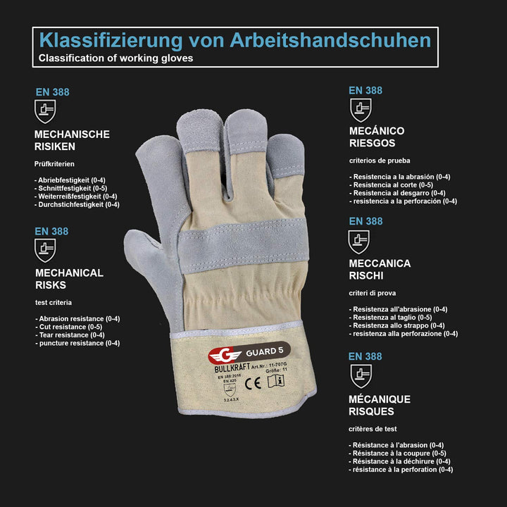 GUARD 5-12 Paar Leder Arbeitshandschuhe (Gr. 11 / XXL) - robuste Bau- und Gartenhandschuhe - Rindspa