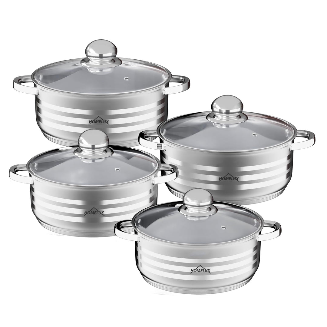 Topfset Homelux Edelstahl Kochtopf Set Induktion Töpfe Set 8-teilig, mit Glasdeckel, Spülmaschinen-g