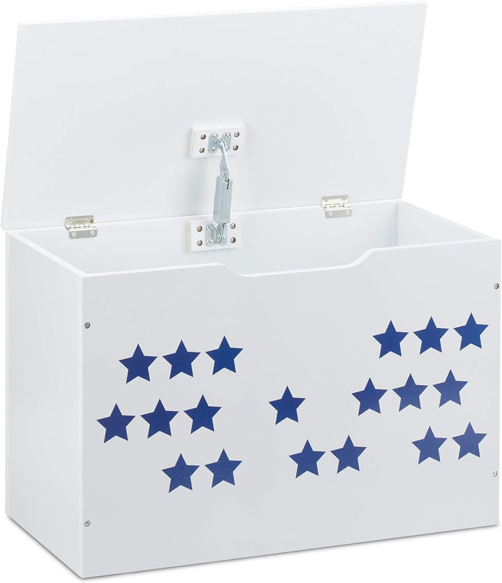 Relaxdays, weiss/blau Spielzeugtruhe mit Deckel, Aufbewahrung für Kinder, Stern Design, Spielzeugkis