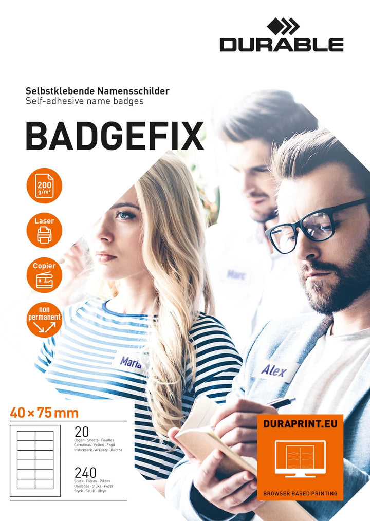 Durable Selbstklebe-Namensschild Badgefix, 40 x 75 mm, weiss, 240 Stück auf 20 Bg., 833402 40x75 mm,