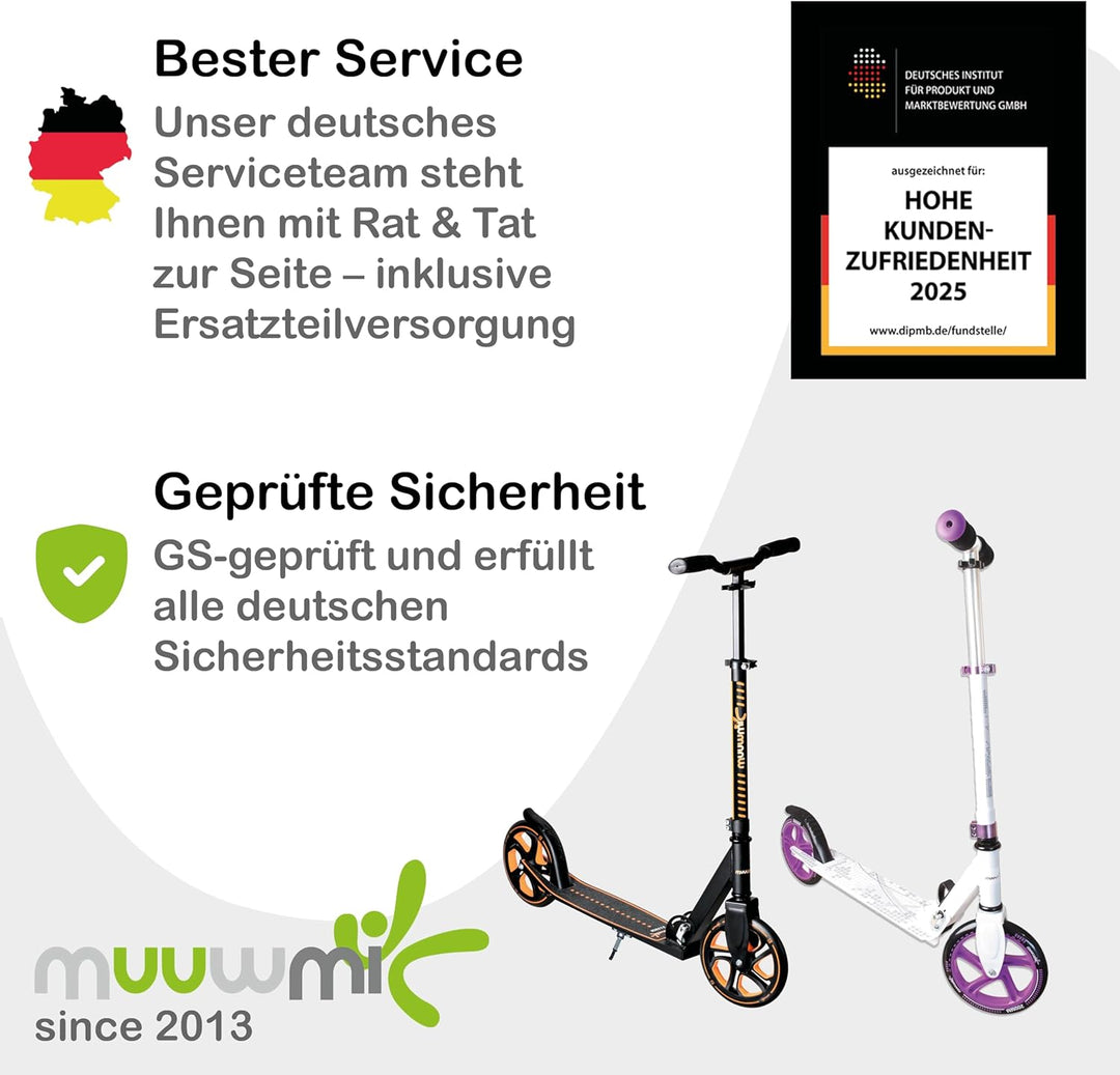 muuwmi Aluminium Scooter Pro – Tretroller, 215 mm, ABEC 7, für Kinder und Erwachsene, GS-geprüft, hö