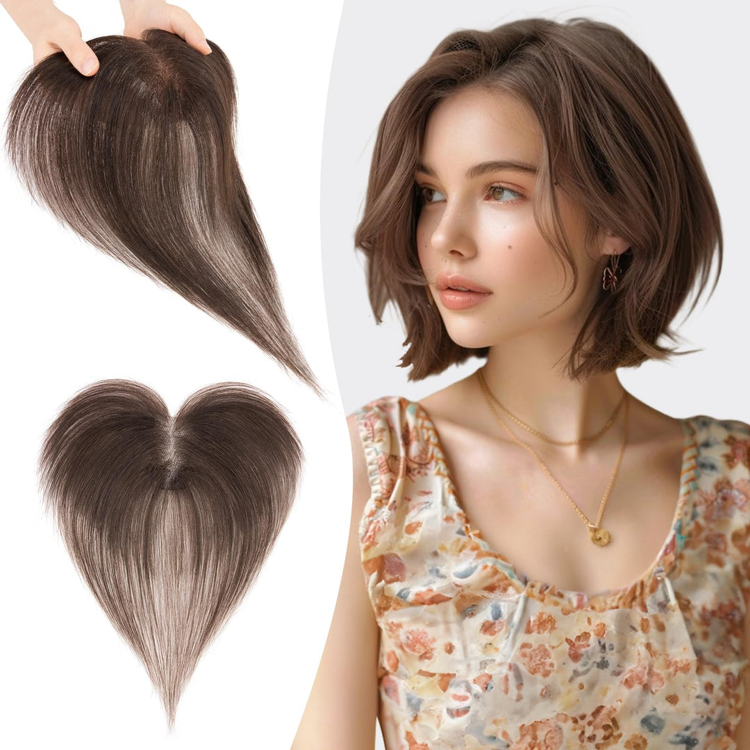 S-noilite Topper Haare für Frauen Echthaar Dunkelbraun - 9x12cm 100% handgeknüpfte T-Sharp Toupets m
