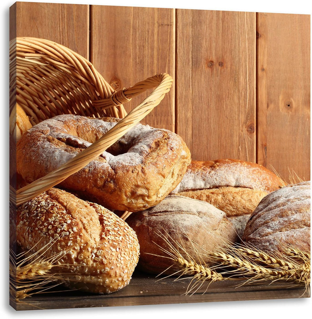 Pixxprint Korb mit leckerem frischen Brot, Format: 70x70 auf Leinwand, 70x70