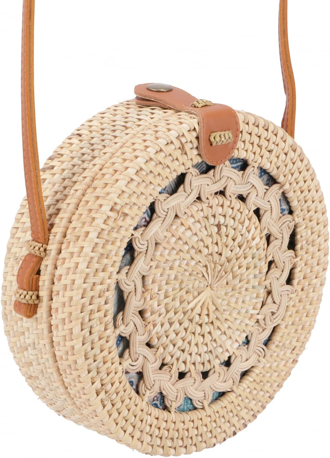 GURU SHOP Geflochtene Handtasche, Korbtasche, Rattantasche, Balitasche Rund - Modell 1, 20x20x7 cm,