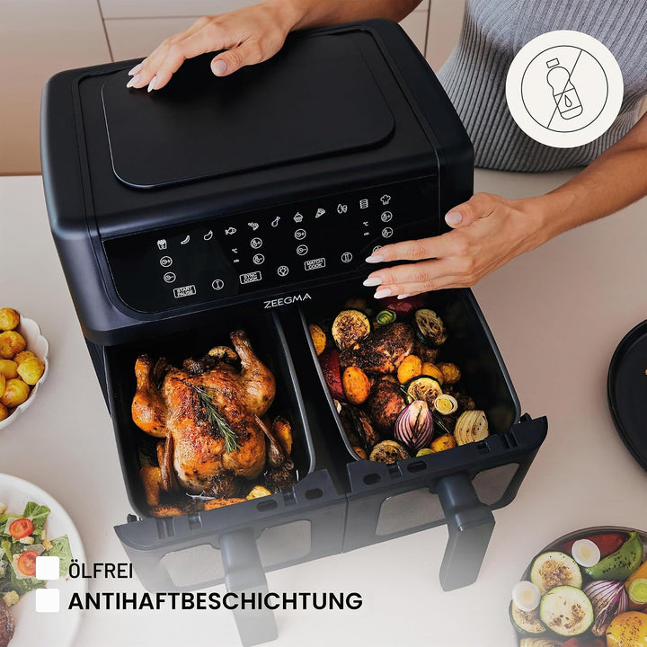 ZEEGMA KNAPPER DUAL Heissluftfritteuse 1700 W, 2 Fächer, 9 L Fassungsvermögen, Timer bis zu 60 Min.,
