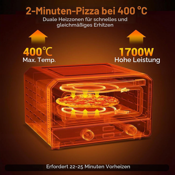 FANTASK Elektrischer Pizzaofen bis 400℃, 6 Programme, 2-Minuten Backfunktion, Pizzastein &amp; Schneider