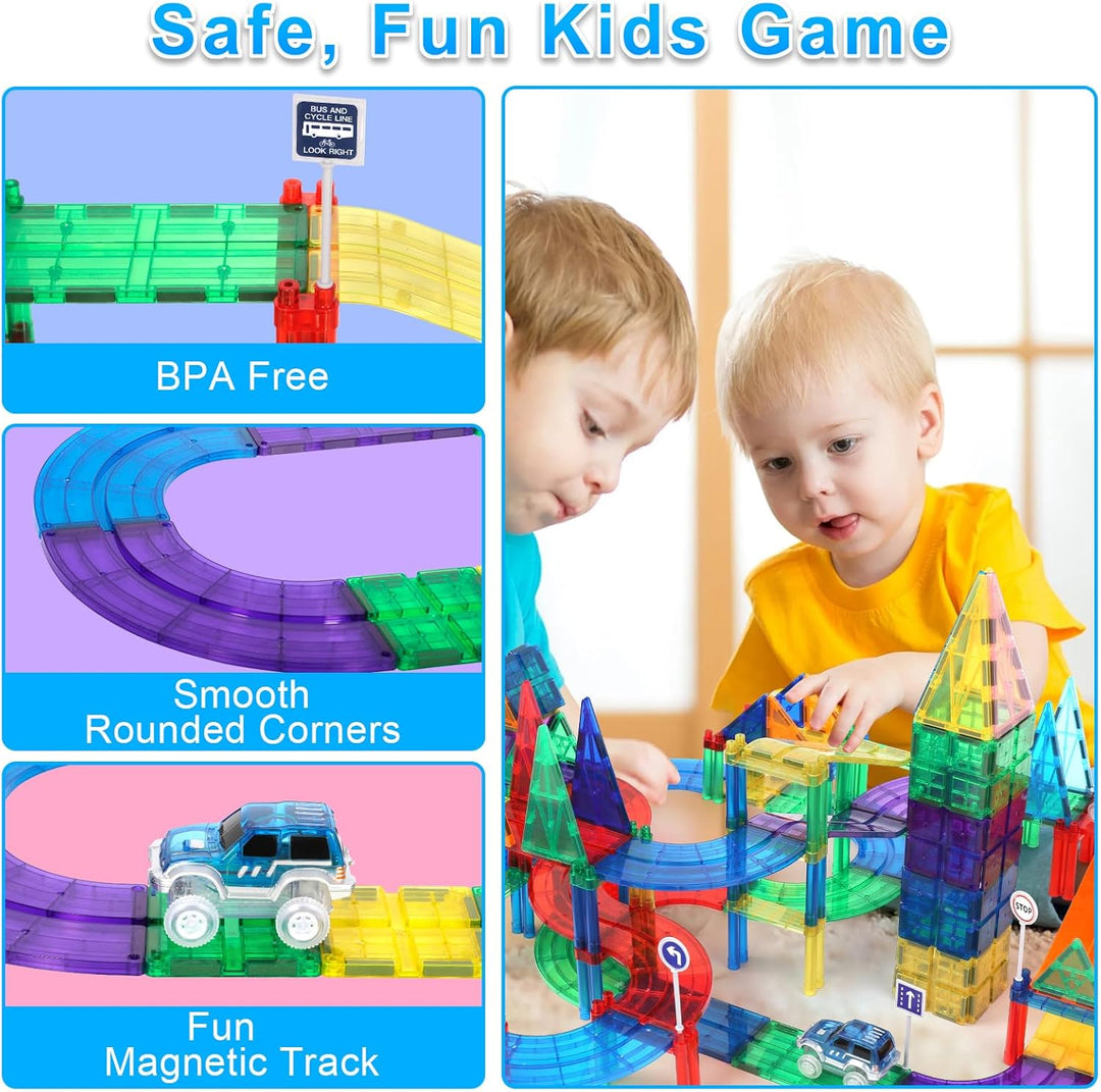 50Pcs Magnetisches Baustein Spielzeug für Bahnrennen, Magnetisches Bauspielzeug mit LED Rennwagen, M