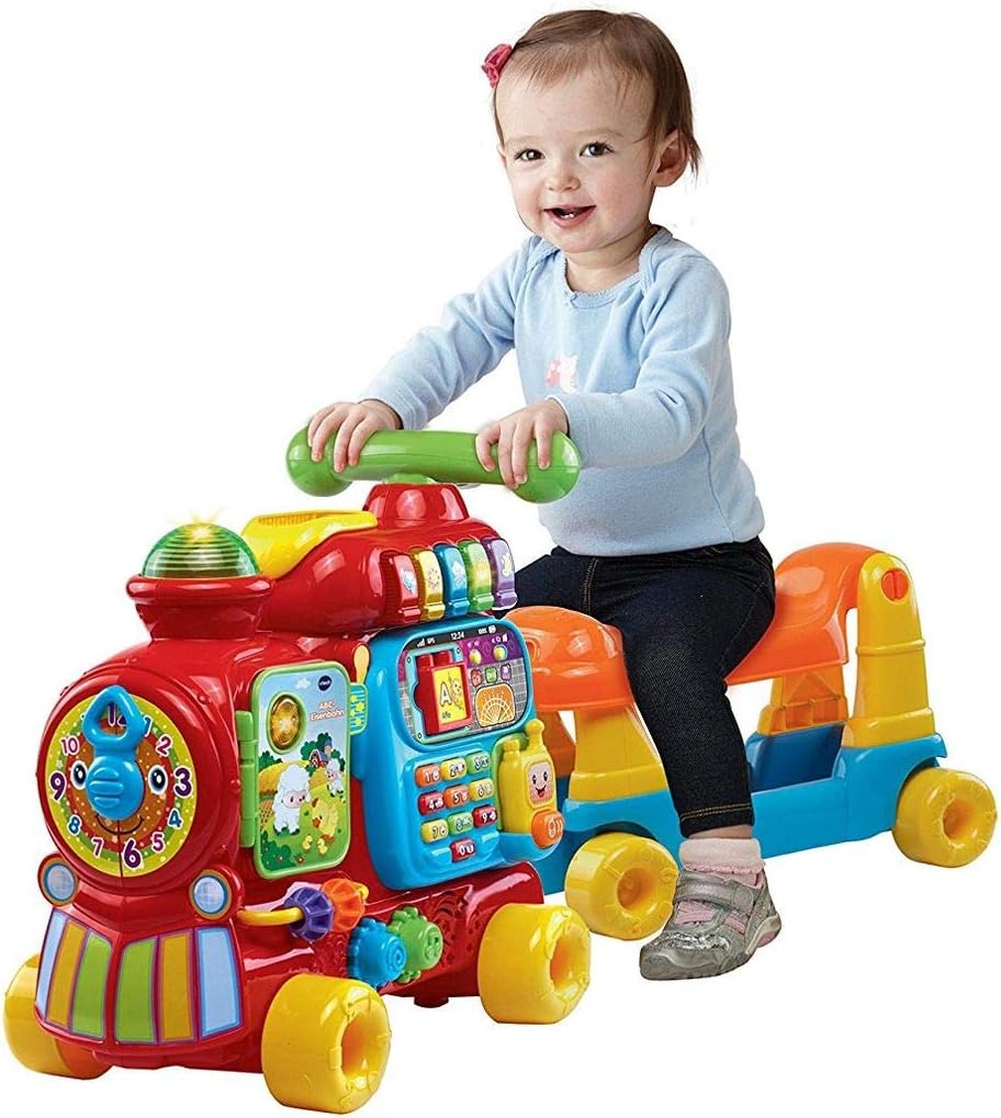 VTech Baby ABC-Eisenbahn – Rutschfahrzeug, Zieh- oder Laufwagen und Spielboard mit Zahlen, Buchstabe