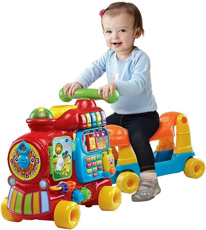 VTech Baby ABC-Eisenbahn – Rutschfahrzeug, Zieh- oder Laufwagen und Spielboard mit Zahlen, Buchstabe