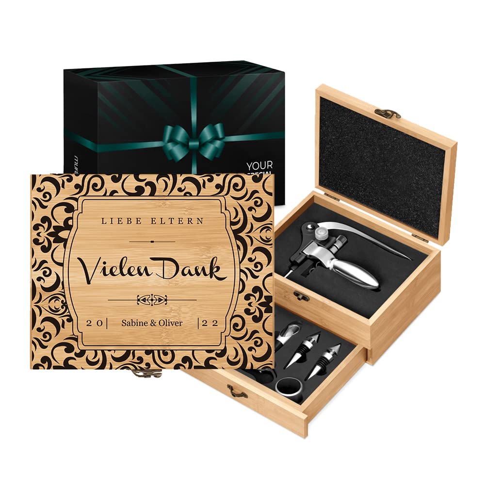 Maverton Weinöffner-Set personalisiert Weinset Sommelier Set - Geschenkbox Holzbox + 8er Weinzubehör