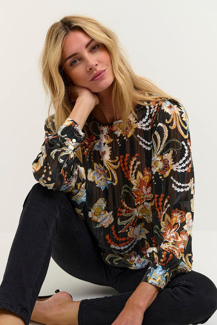 KAFFE Langarm Bluse KAsimi Damen Bluse Langarm Rundhals Print Shirt Standard 34 Black/Red/Multi Flow