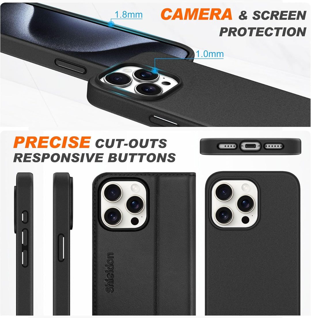 SHIELDON Hülle für iPhone 15 Pro Max, Echtleder Handyhülle [Abnehmbar] [kabelloses Laden] [Kartenfac