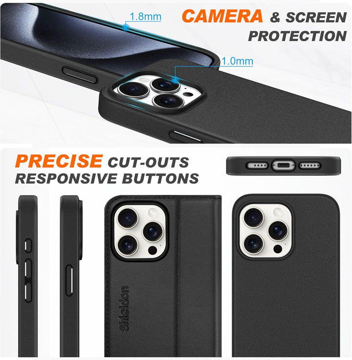 SHIELDON Hülle für iPhone 15 Pro Max, Echtleder Handyhülle [Abnehmbar] [kabelloses Laden] [Kartenfac