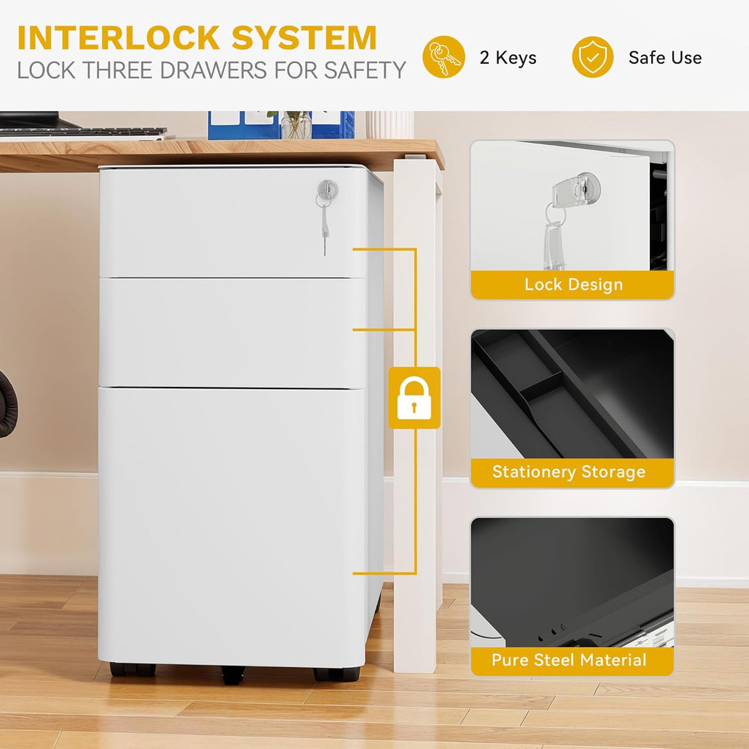 DWVO 3 verschliessbare Schubladen Metall Aktenschrank, Mobile Aktenschrank für Home Office, Unter Sc