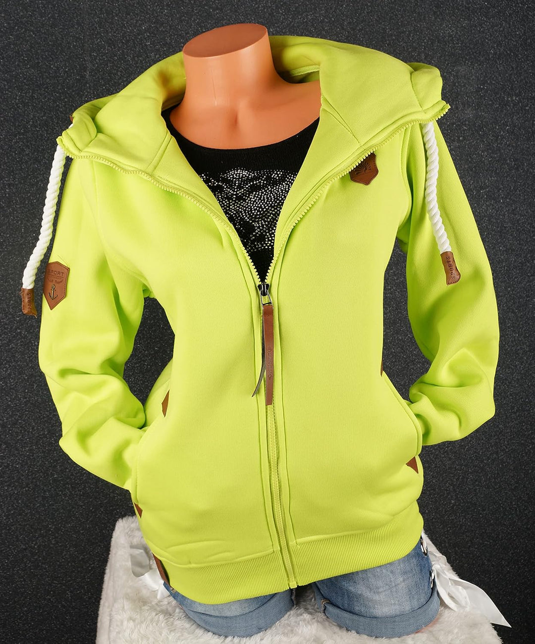 TA Fashion Damen Sweat Jacke Kapuze Fleece gefüttert Übergangsjacke Hoodie gestreiftes oder dünn-ges